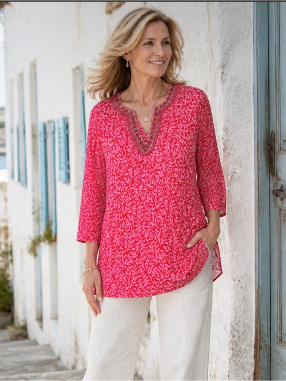 Chico's Pink Coral Blouse Size 2(Large) Colorful Stretchy Linen Beaded Neck